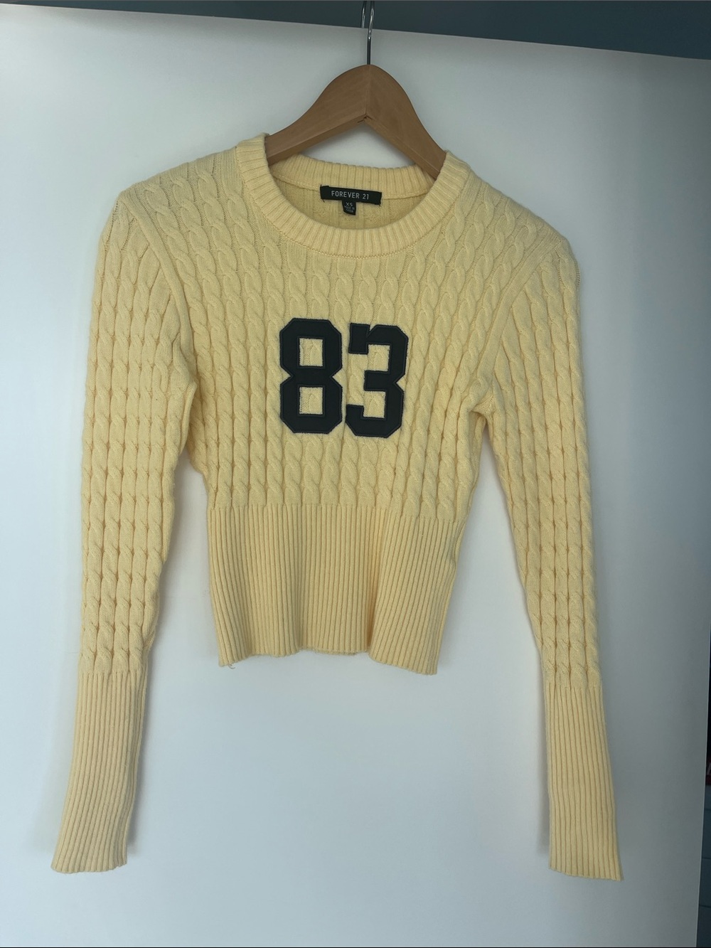 Forever 21 Pale Yellow Cable-Knit Crewneck Sweater with Black '83 Patch